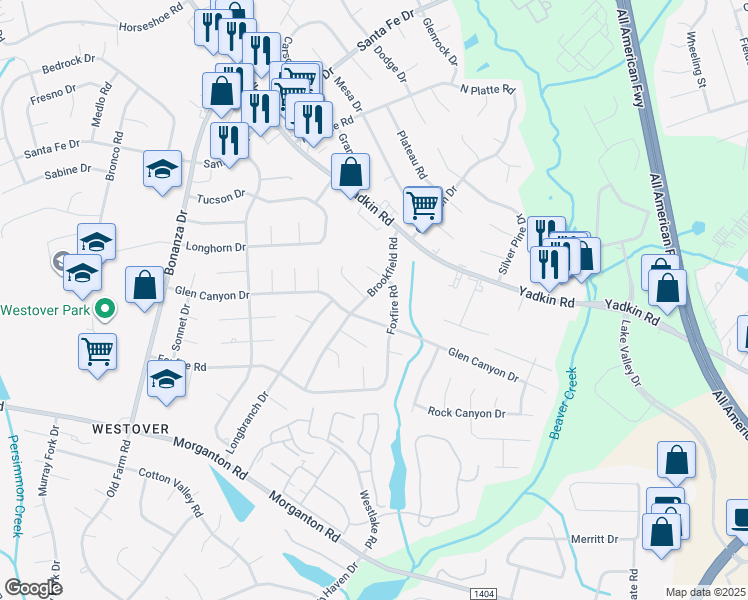 map of restaurants, bars, coffee shops, grocery stores, and more near 5305 Foxfire Road in Fayetteville