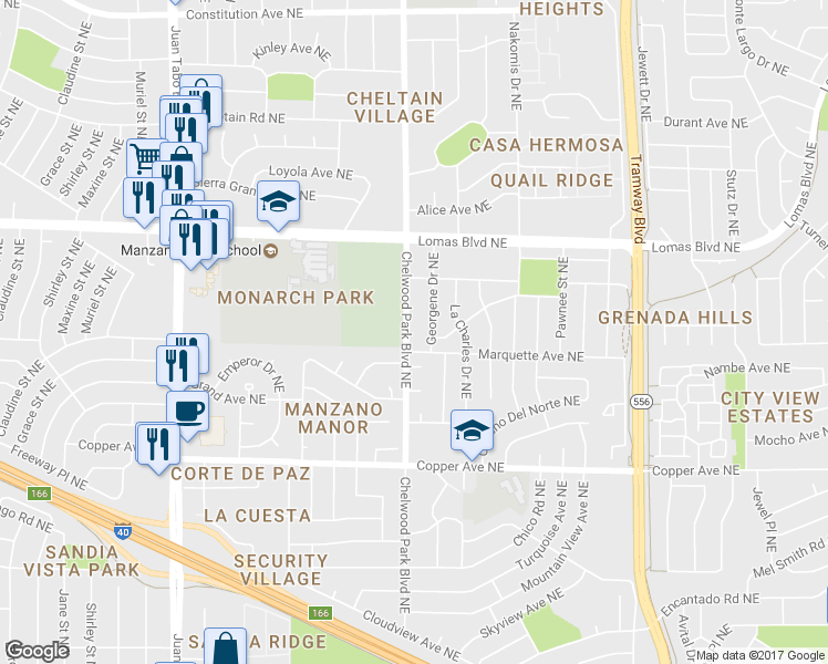 map of restaurants, bars, coffee shops, grocery stores, and more near 808 Chelwood Park Boulevard Northeast in Albuquerque