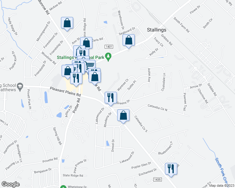 map of restaurants, bars, coffee shops, grocery stores, and more near 3012 Wyntree Court in Matthews
