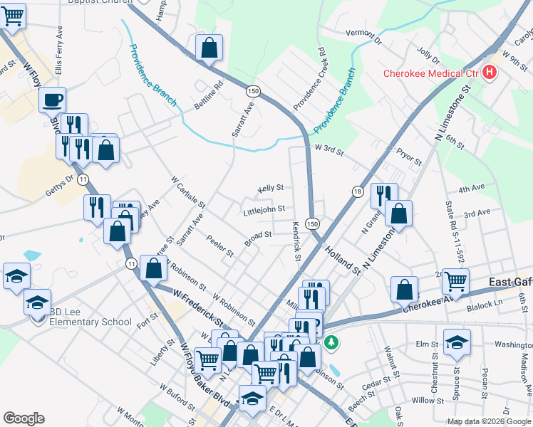 map of restaurants, bars, coffee shops, grocery stores, and more near 616 Littlejohn Street in Gaffney