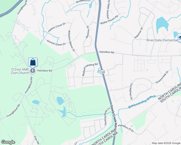 map of restaurants, bars, coffee shops, grocery stores, and more near 14311 Pintail Landing Lane in Charlotte