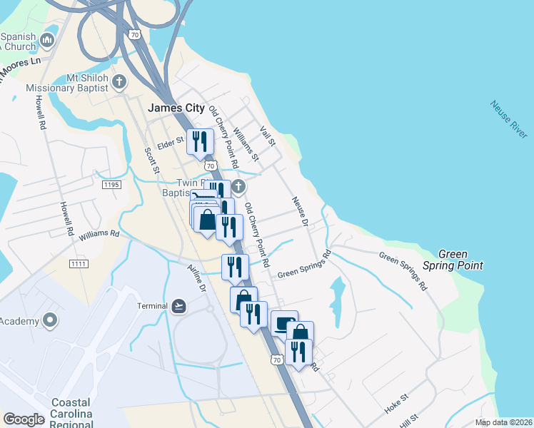 map of restaurants, bars, coffee shops, grocery stores, and more near 312 Edwards Avenue in New Bern