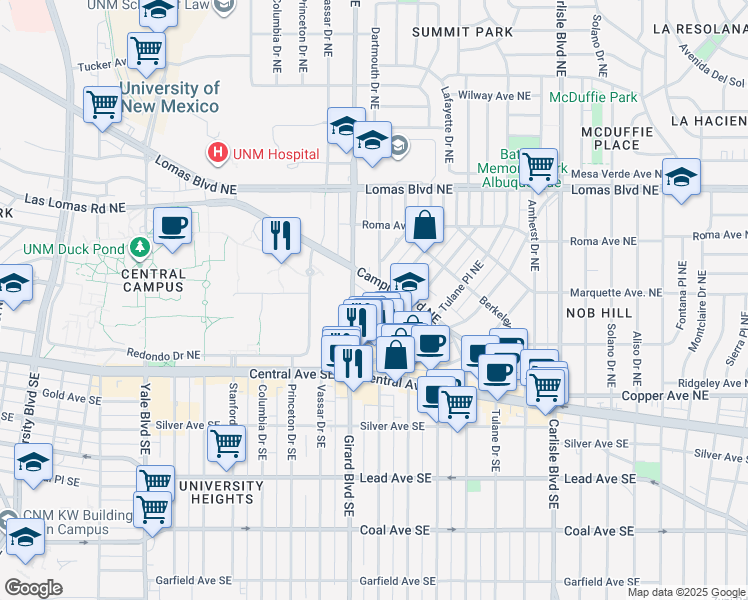 map of restaurants, bars, coffee shops, grocery stores, and more near 313 Dartmouth Drive Northeast in Albuquerque