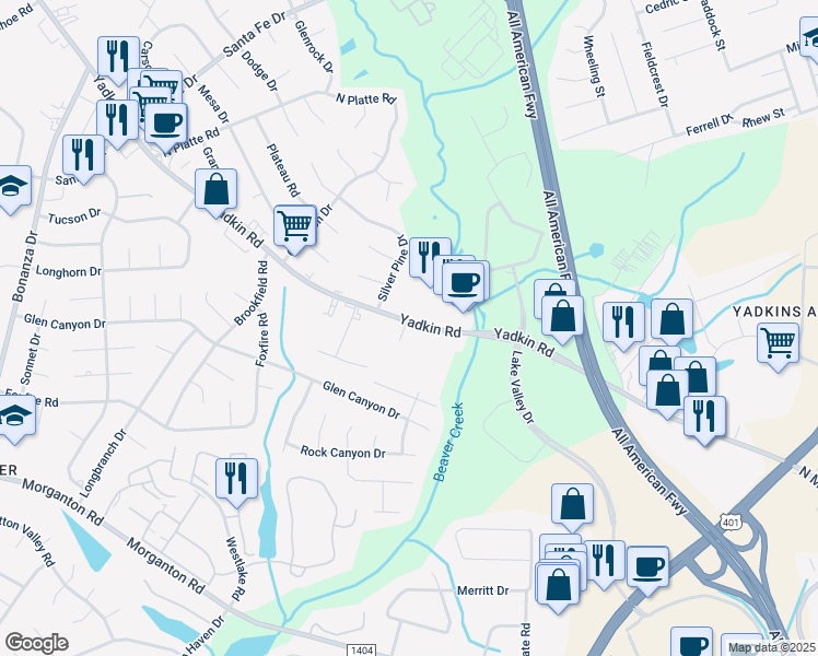 map of restaurants, bars, coffee shops, grocery stores, and more near 5111 Yadkin Road in Fayetteville