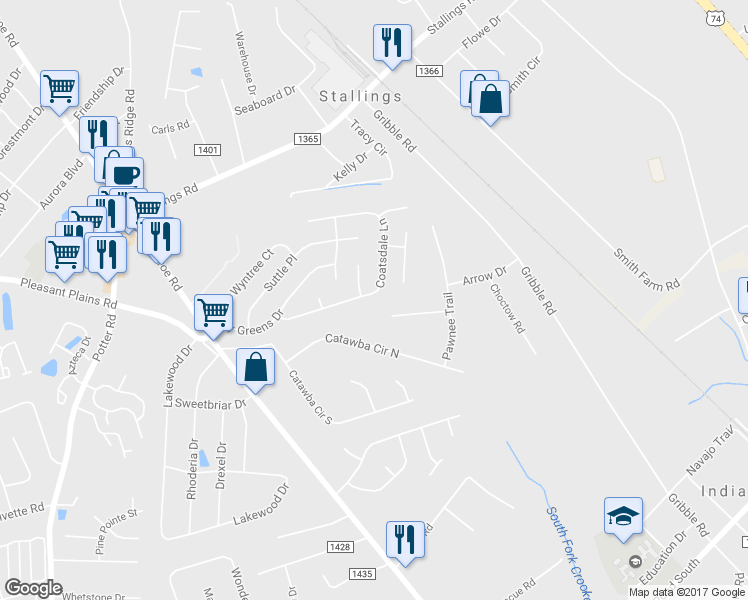 map of restaurants, bars, coffee shops, grocery stores, and more near 2206 Coatsdale Lane in Matthews