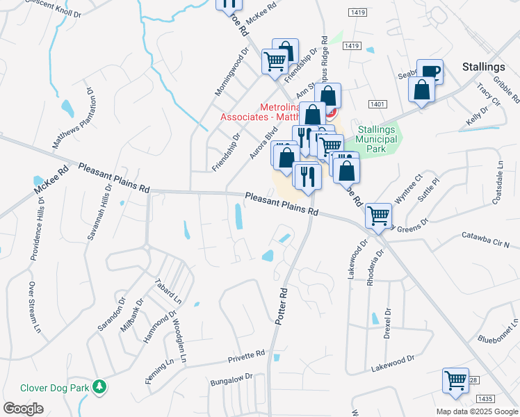 map of restaurants, bars, coffee shops, grocery stores, and more near 3732 Pleasant Plains Road in Matthews