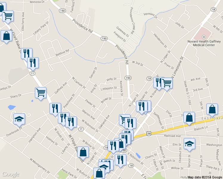 map of restaurants, bars, coffee shops, grocery stores, and more near 616 Littlejohn Street in Gaffney