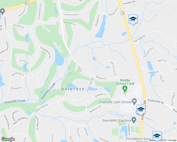 map of restaurants, bars, coffee shops, grocery stores, and more near 9021 Raintree Lane in Charlotte