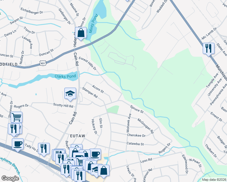 map of restaurants, bars, coffee shops, grocery stores, and more near 1925 Forest Hills Drive in Fayetteville
