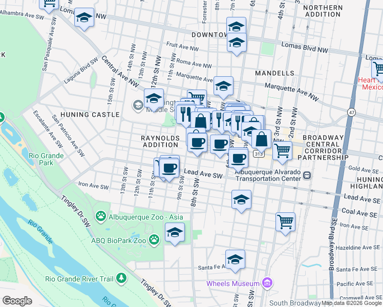 map of restaurants, bars, coffee shops, grocery stores, and more near 865 Silver Avenue Southwest in Albuquerque