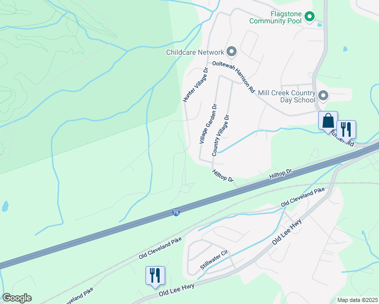 map of restaurants, bars, coffee shops, grocery stores, and more near 5202 Hunter Village Drive in Ooltewah