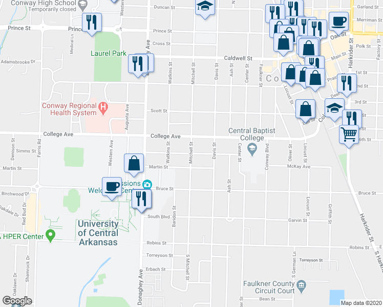 map of restaurants, bars, coffee shops, grocery stores, and more near 400 Mitchell Street in Conway