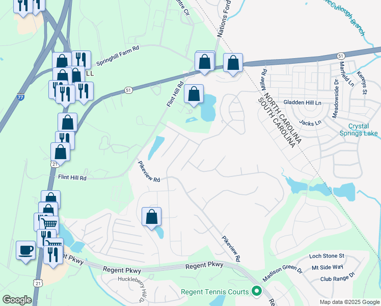 map of restaurants, bars, coffee shops, grocery stores, and more near 382 Primrose Walk Drive in Fort Mill