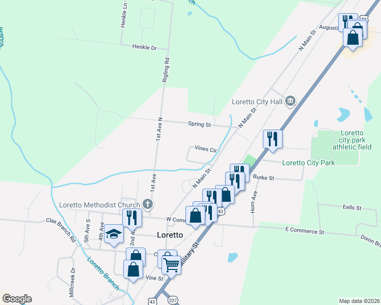 map of restaurants, bars, coffee shops, grocery stores, and more near 217 Vines Circle in Loretto