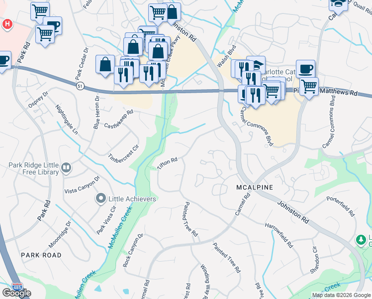 map of restaurants, bars, coffee shops, grocery stores, and more near 8100 Tifton Road in Charlotte