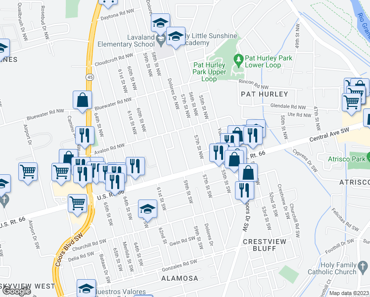 map of restaurants, bars, coffee shops, grocery stores, and more near 214 58th Street Northwest in Albuquerque