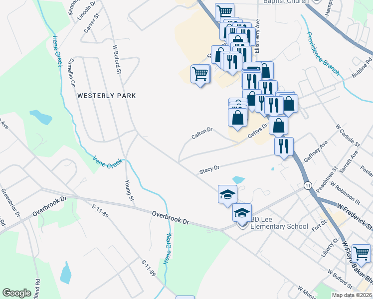 map of restaurants, bars, coffee shops, grocery stores, and more near 113-123 Calton Drive in Gaffney