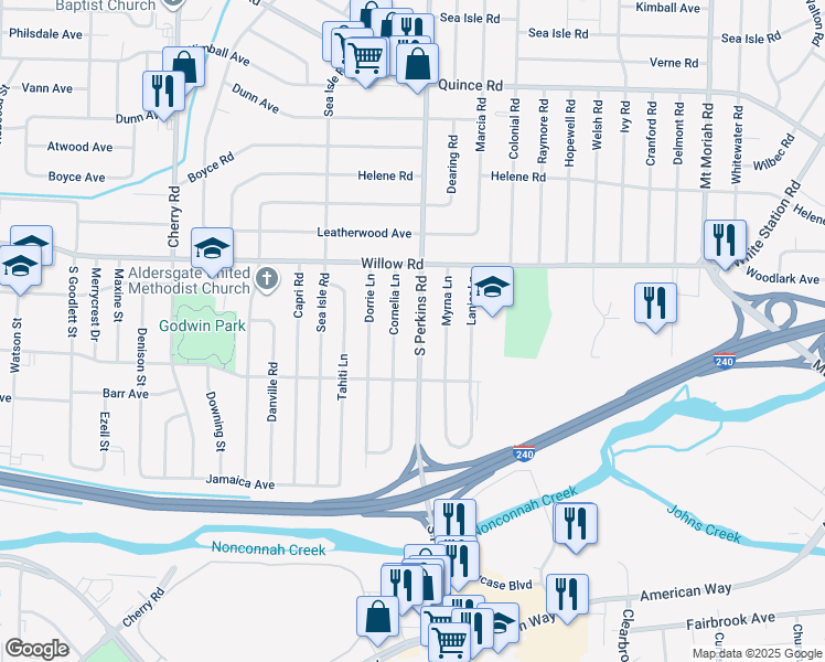 map of restaurants, bars, coffee shops, grocery stores, and more near 1761 South Perkins Road in Memphis