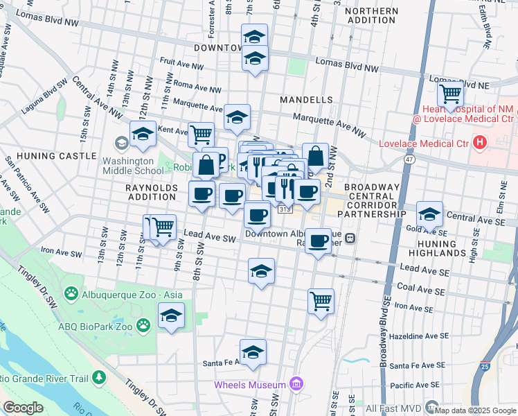 map of restaurants, bars, coffee shops, grocery stores, and more near 500 Gold Avenue Southwest in Albuquerque