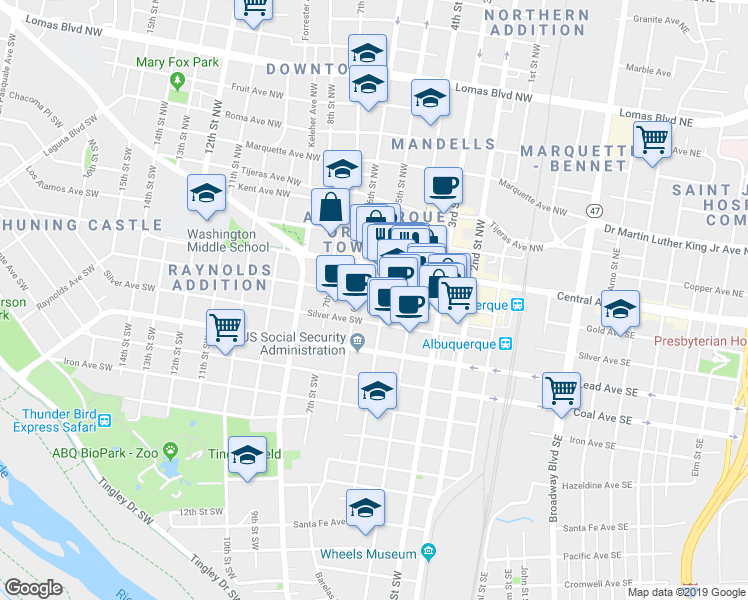 map of restaurants, bars, coffee shops, grocery stores, and more near 500 Gold Avenue Southwest in Albuquerque