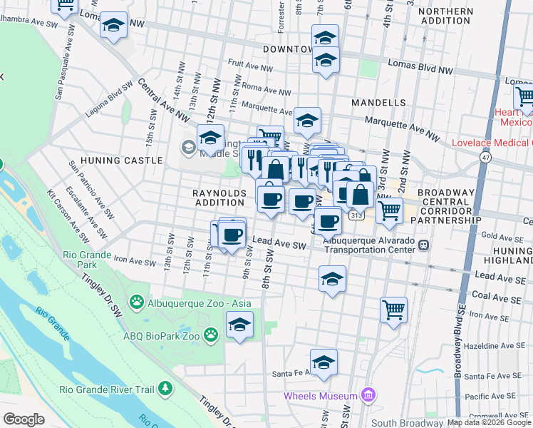 map of restaurants, bars, coffee shops, grocery stores, and more near 843 Silver Avenue Southwest in Albuquerque