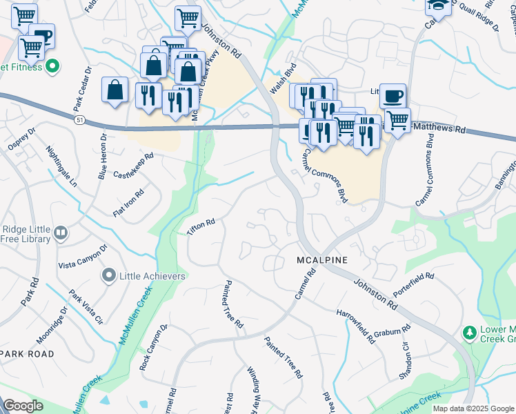 map of restaurants, bars, coffee shops, grocery stores, and more near 11014 Carmel Crossing Road in Charlotte