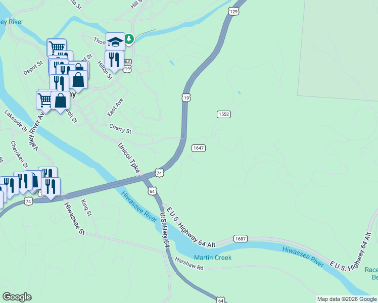 map of restaurants, bars, coffee shops, grocery stores, and more near 102 McGuire Street in Murphy