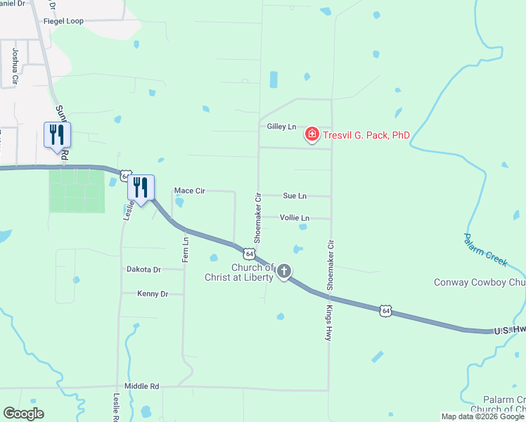 map of restaurants, bars, coffee shops, grocery stores, and more near 14 Shoemaker Circle in Conway