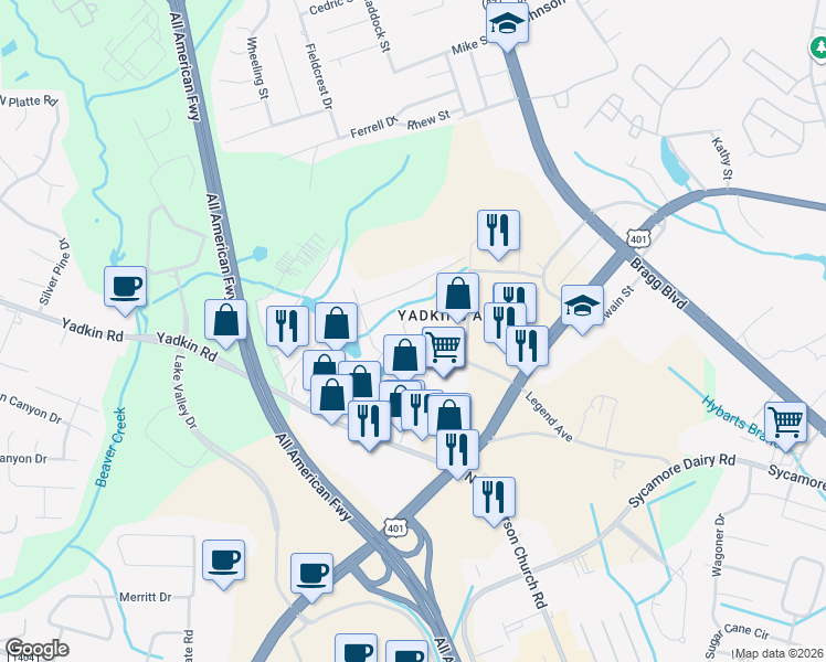 map of restaurants, bars, coffee shops, grocery stores, and more near 1007 Castle Hayne Rd in Fayetteville