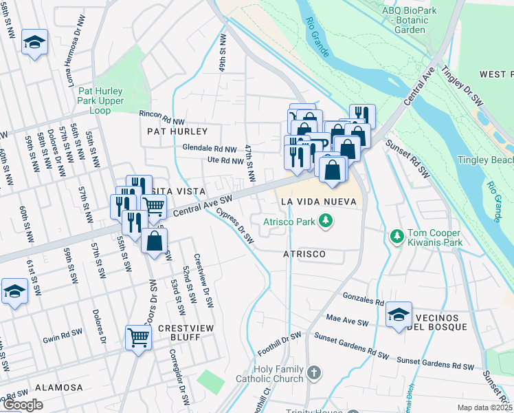map of restaurants, bars, coffee shops, grocery stores, and more near 123 47th Street Southwest in Albuquerque