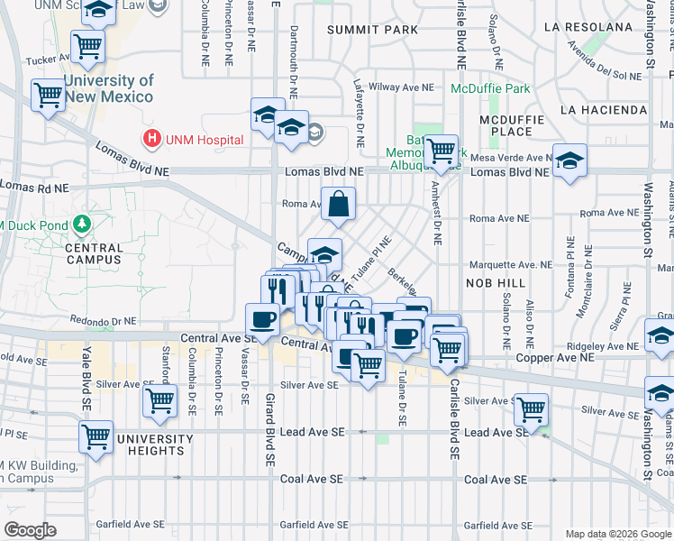 map of restaurants, bars, coffee shops, grocery stores, and more near 3201 Campus Boulevard Northeast in Albuquerque