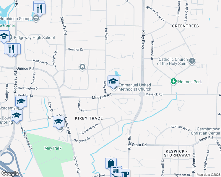 map of restaurants, bars, coffee shops, grocery stores, and more near 2396 Kirby Road in Memphis
