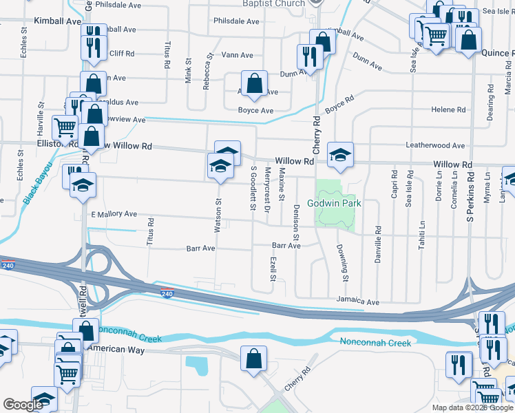 map of restaurants, bars, coffee shops, grocery stores, and more near 1754 South Goodlett Street in Memphis