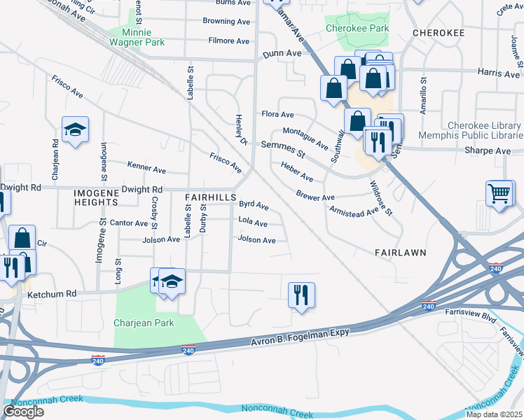 map of restaurants, bars, coffee shops, grocery stores, and more near 2783 Byrd Avenue in Memphis