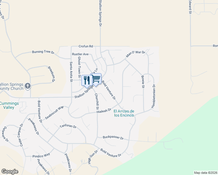 map of restaurants, bars, coffee shops, grocery stores, and more near 18140 Bold Venture Drive in Tehachapi