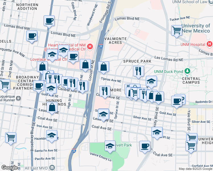 map of restaurants, bars, coffee shops, grocery stores, and more near 200 Mulberry Street Northeast in Albuquerque