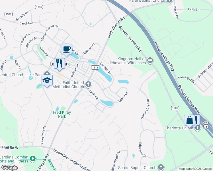 map of restaurants, bars, coffee shops, grocery stores, and more near 7802 Conifer Circle in Indian Trail