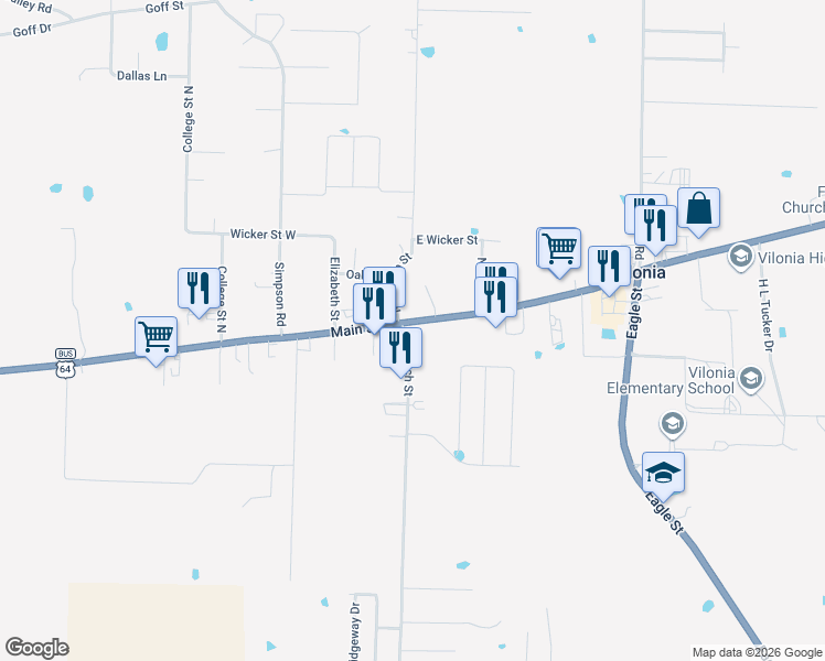 map of restaurants, bars, coffee shops, grocery stores, and more near 1112 Main Street in Vilonia