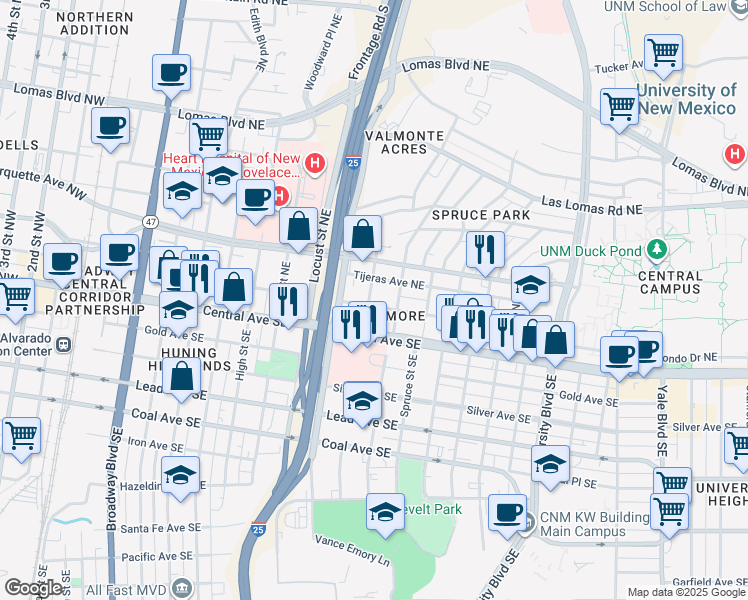 map of restaurants, bars, coffee shops, grocery stores, and more near 200 Mulberry Street Northeast in Albuquerque