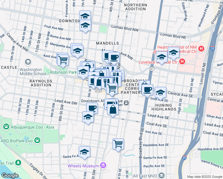 map of restaurants, bars, coffee shops, grocery stores, and more near 211 Gold Avenue Southwest in Albuquerque