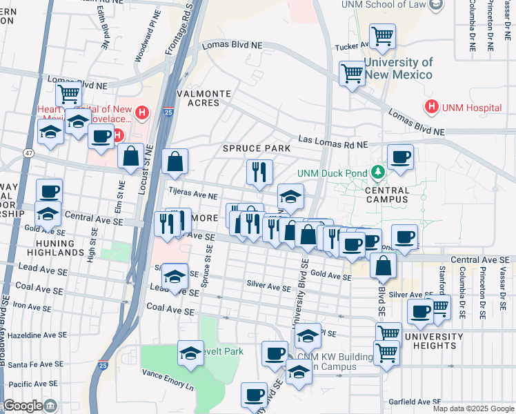 map of restaurants, bars, coffee shops, grocery stores, and more near 1408 Tijeras Avenue Northeast in Albuquerque