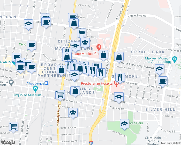 map of restaurants, bars, coffee shops, grocery stores, and more near 701 Central Avenue Northeast in Albuquerque