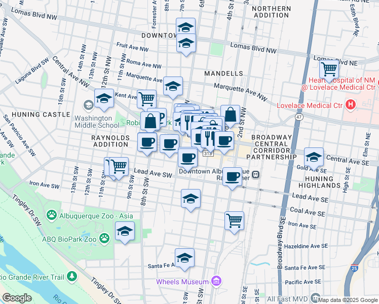 map of restaurants, bars, coffee shops, grocery stores, and more near 201 5th Street Southwest in Albuquerque
