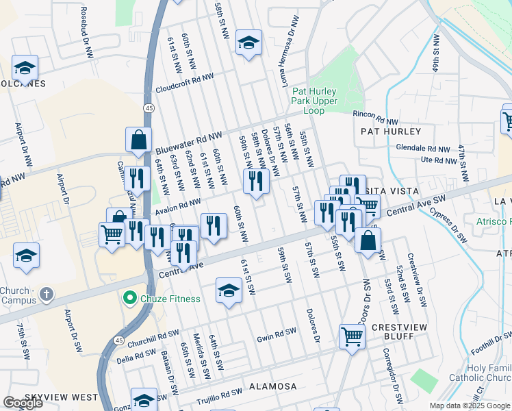 map of restaurants, bars, coffee shops, grocery stores, and more near 5909 Berquist Place Northwest in Albuquerque