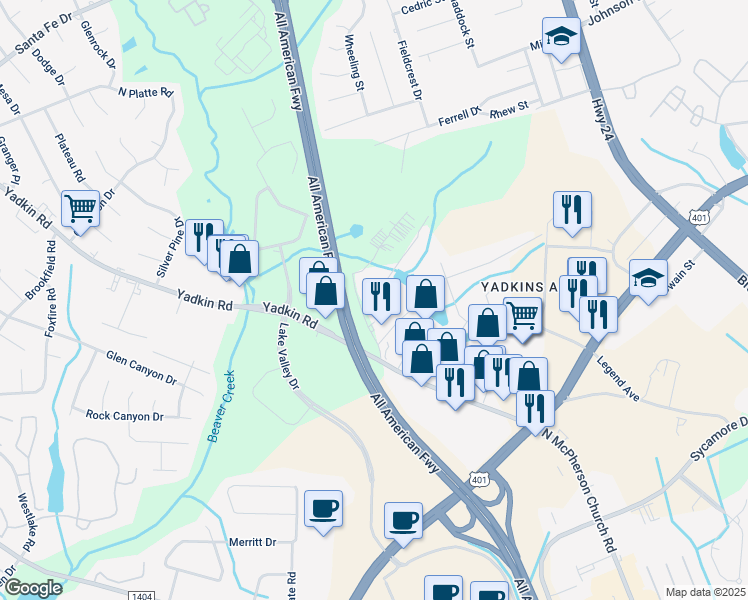 map of restaurants, bars, coffee shops, grocery stores, and more near 550 Birdsong Lane in Fayetteville