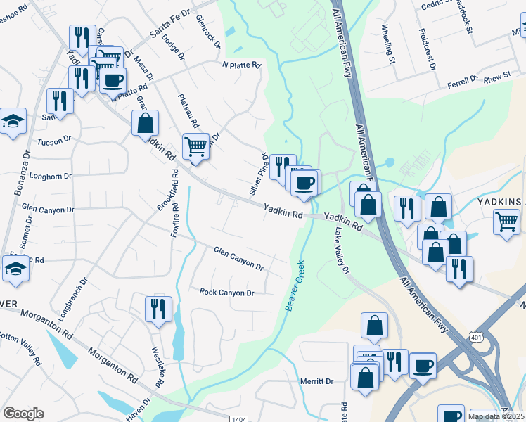 map of restaurants, bars, coffee shops, grocery stores, and more near 5111 Yadkin Road in Fayetteville