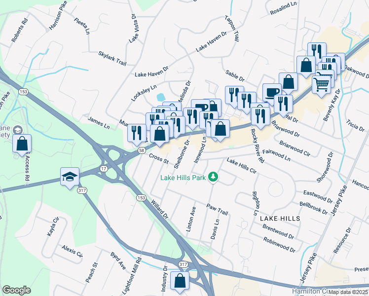 map of restaurants, bars, coffee shops, grocery stores, and more near 4408 Shelborne Drive in Chattanooga