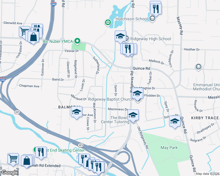 map of restaurants, bars, coffee shops, grocery stores, and more near 6037 Haddington Drive in Memphis