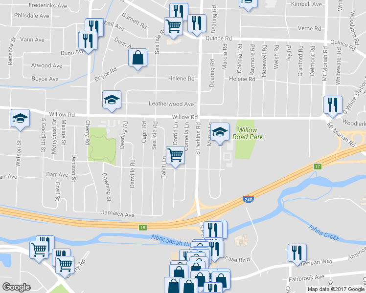 map of restaurants, bars, coffee shops, grocery stores, and more near 1761 Cornelia Lane in Memphis