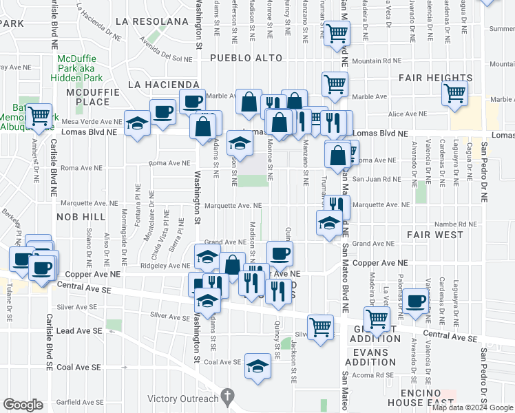 map of restaurants, bars, coffee shops, grocery stores, and more near 4806 Marquette Avenue Northeast in Albuquerque